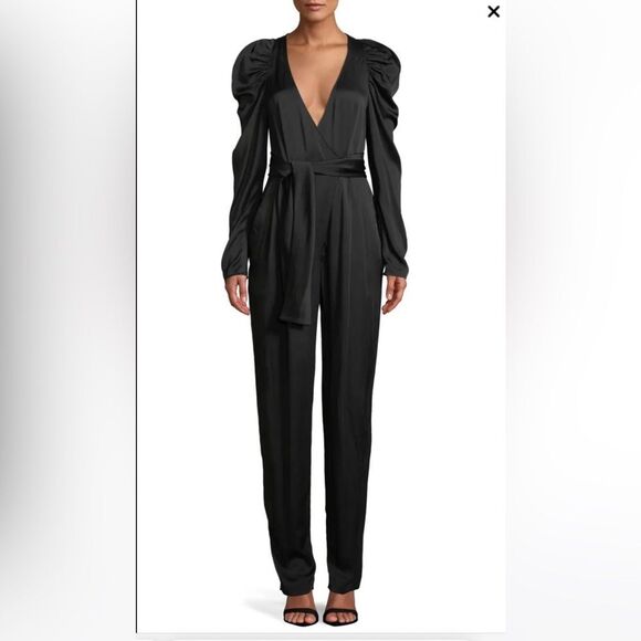 A.L.C. Christian Black Puff-Sleeve Belted Satin V Neck Straight Leg Sz 4 NWT - Picture 1 of 6